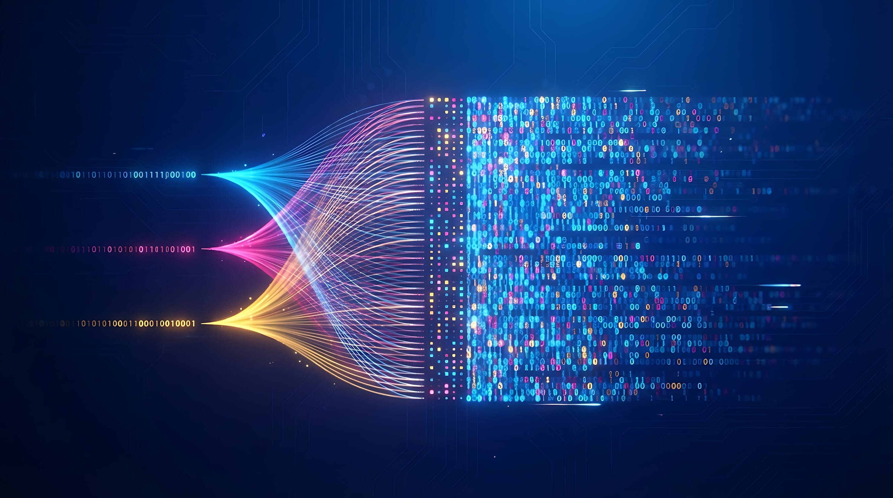 Abstract data stream visualization with colorful glowing binary light lines merging into digital information flow for big data analytics cloud computing and high speed networking